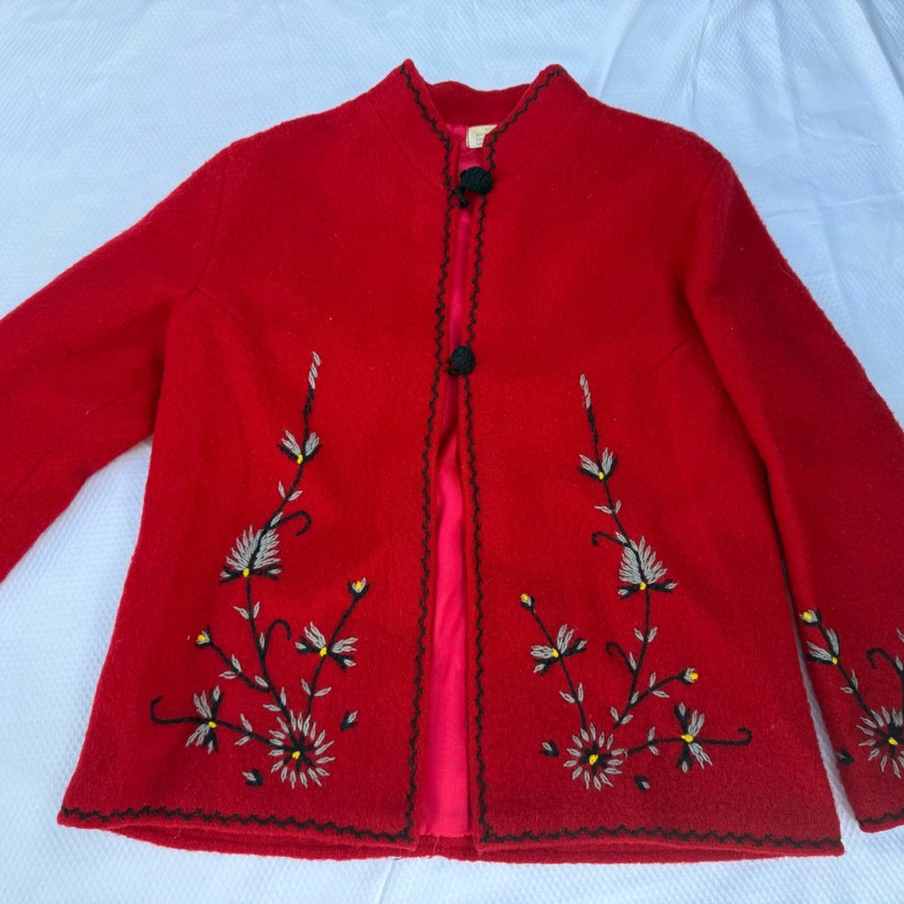 Vintage Red Embroidered Jacket ,wool made in Greece .Hand made .